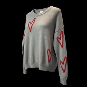 Elan Gray Red Heart‎ Print Knit Pullover Sweater Long Sleeve Casual Women XL #37